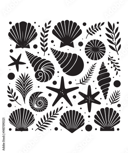 Sea shells starfish silhouette vector illustration, Starfish icon collection. 