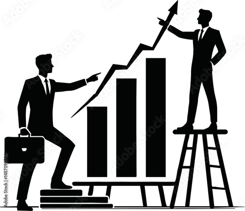 Vector silhouette of a team brainstorming ideas at a whiteboard, people pointing, thinking, writing, startup team concept, minimal black on white