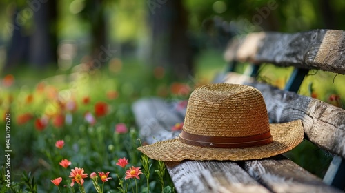 Straw hat on garden bench with soft light