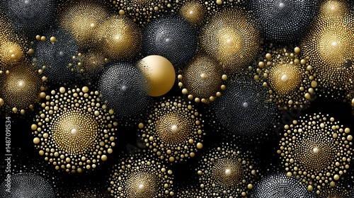 Abstract golden and black spherical patterns in space