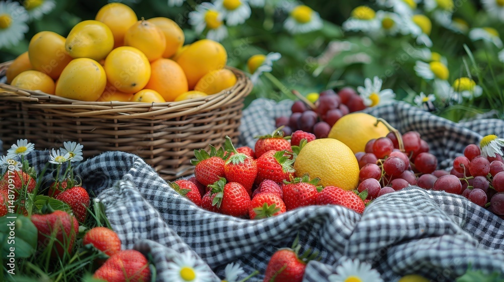 Summer picnic blanket on grass with fresh fruits Summer picnic blanket on grass with fresh fruits