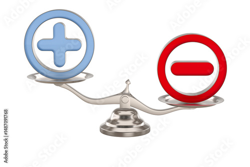 Scale with symbol plus and minus on white background. Isolated 3D illustration