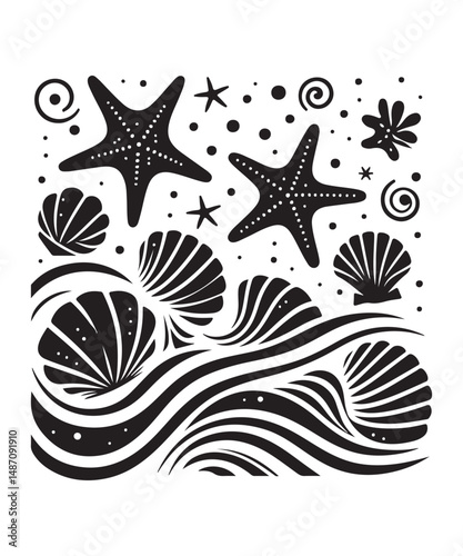 Sea shells starfish silhouette vector illustration, Starfish icon collection. 