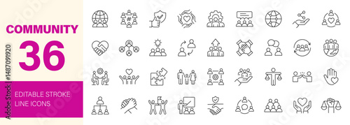 Community icon set. Containing relationship, friendship, social, diversity, support, people, family, love, village, networking and more. Editable line icons. Vector illustration.
