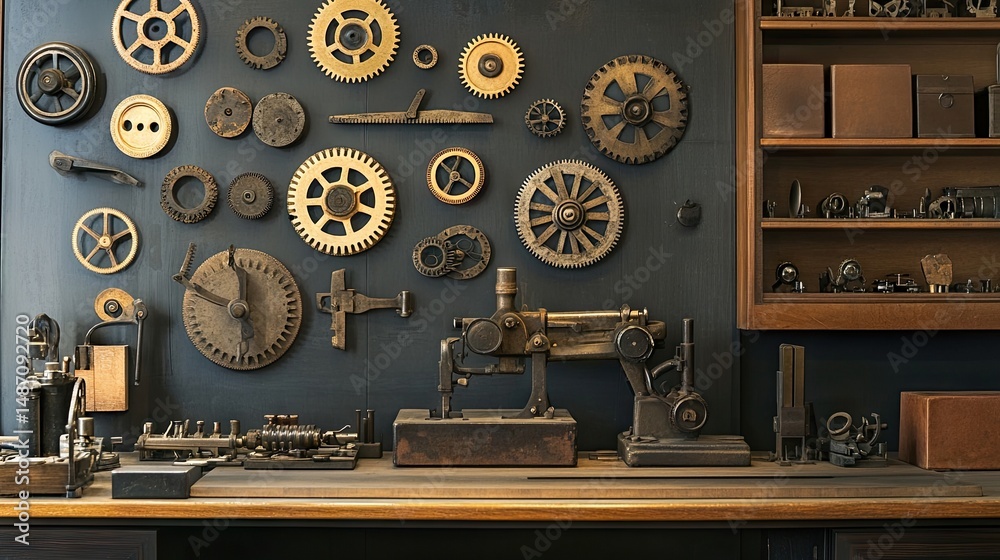 Fototapeta premium Old factory tools and gears displayed against a modern backdrop