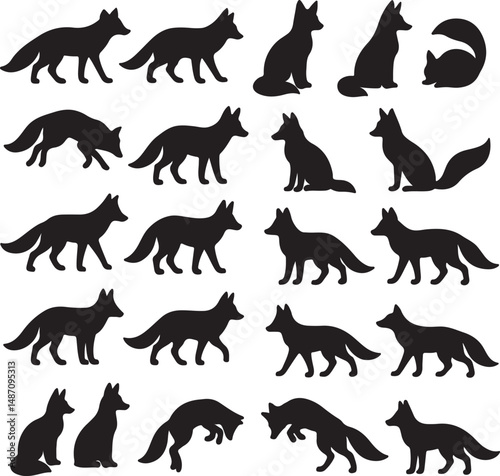 A set of 20 black fox silhouettes in diverse positions such as walking, sitting, jumping, and hunting. Ideal for wildlife, tribal art, logos, tattoos, and forest-themed projects.