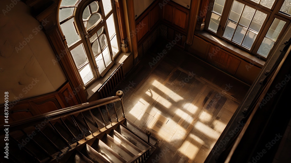 Obraz premium Overhead View of Wooden Staircase and Windows in a Historic Building with Natural Light
