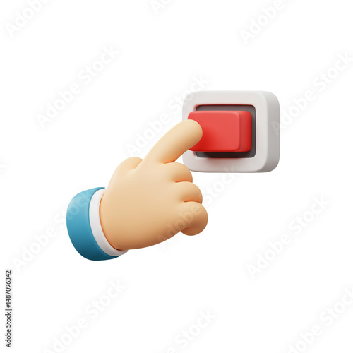 Cartoon hand activating a red switch, 3d illustration of a hand pushing a button