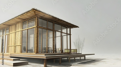 Modern Bamboo House with Minimalist Small Vietnamese Exterior, Diverse Natural Settings, Vibrant Accents, Realistic Textures, and Dynamic Lighting in Varied Weather (AI-generated)