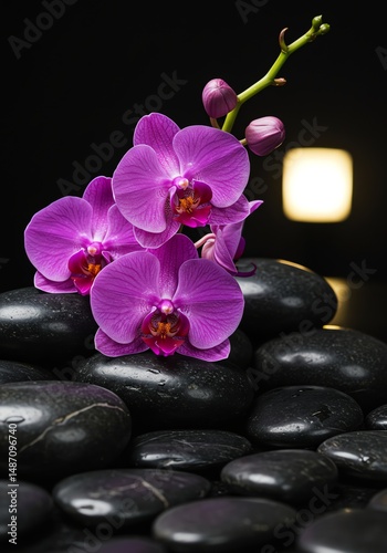Serene Purple Orchids on Smooth Black Stones: Zen Spa Still Life