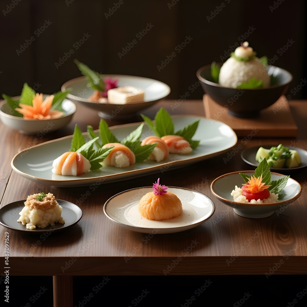 Japanese kaiseki meal with multiple small artful dishes, minimalist plating, soft lighting” Japanese kaiseki meal with multiple small artful dishes, minimalist plating, soft lighting”