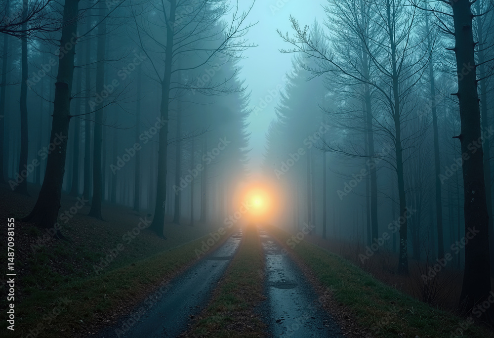 Obraz premium Dreamlike glowing trail in foggy woods, a metaphor for finding one’s path through confusion and awakening deeper meaning 