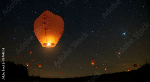 sky lanterns,  chinese lanterns,  floating lanterns, Sky Lanterns at Night under a Starry Sky