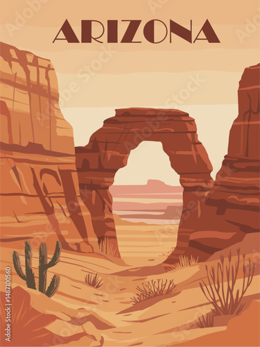 Arizona, USA travel destination poster in retro style. Desert landscape vector art illustration