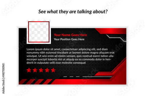 Testimony Expressive Quote Testimonial Template With Creative Infographic Design Vector. abstract geometric background with combination red and black colors. transparent hexagon pattern element.