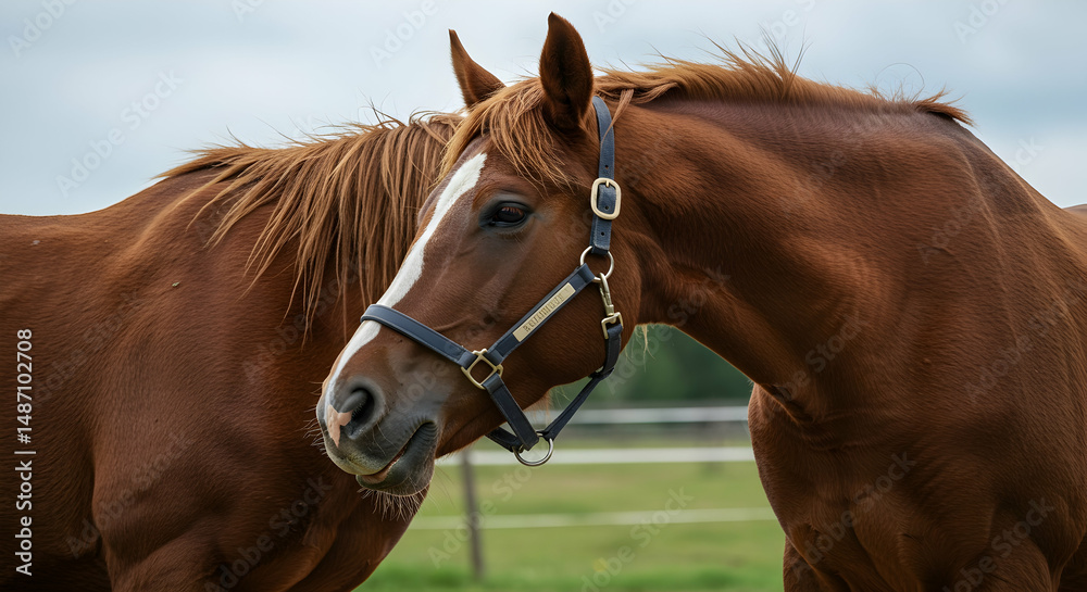 Obraz premium horse, chestnut horse, brown horse, Chestnut Horse Portrait in Pasture