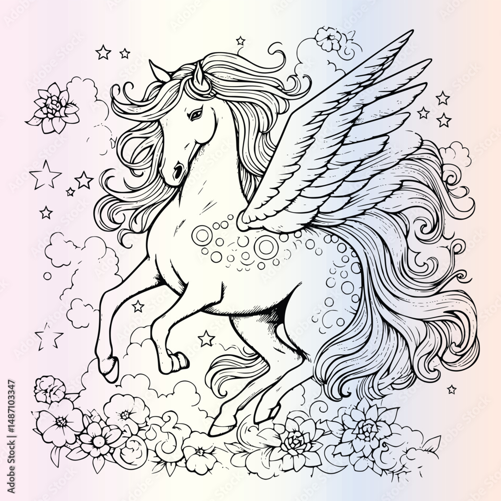 Fototapeta premium Unicorn Flying Over Rainbow Coloring Page Drawing For Kids