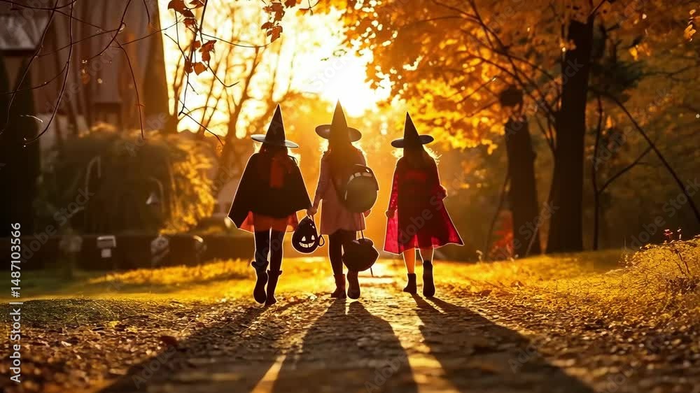 Group of friends in various colorful halloween costumes walking together on a leaf-covered street, illuminated by the enchanting colors of the sunset in the background.
