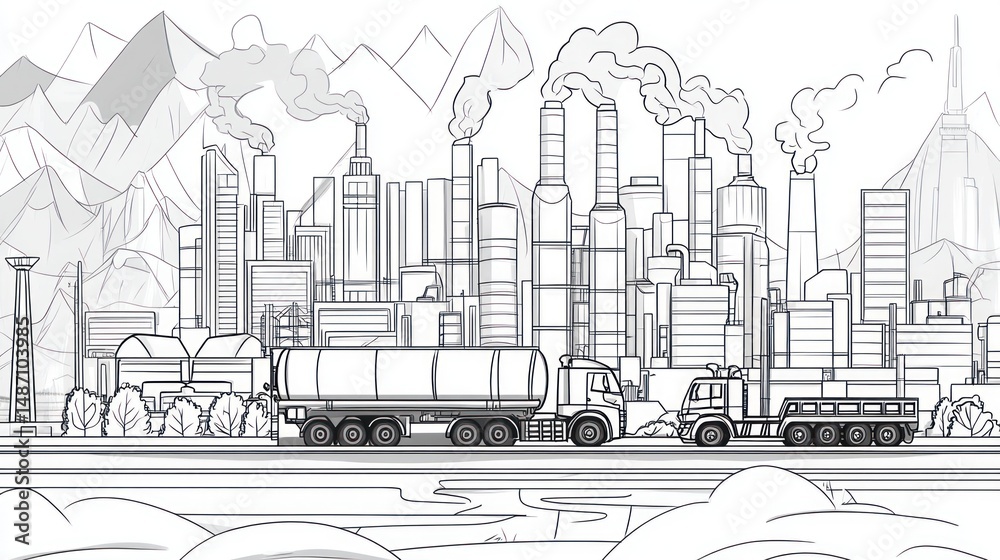 Fototapeta premium Industrial city skyline pollution background. Transportation vector illustration