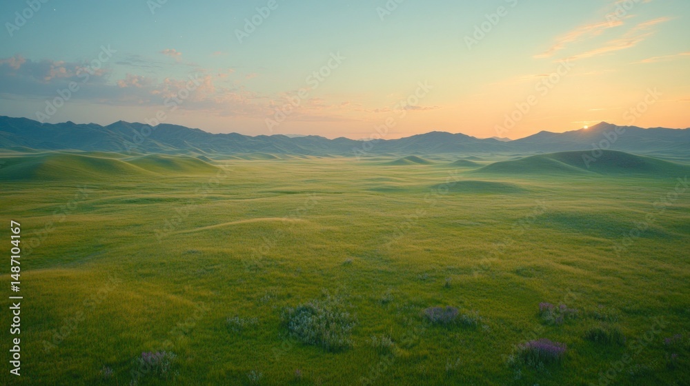 Obraz premium Vast grassy plains meet sunrise-tinged mountains