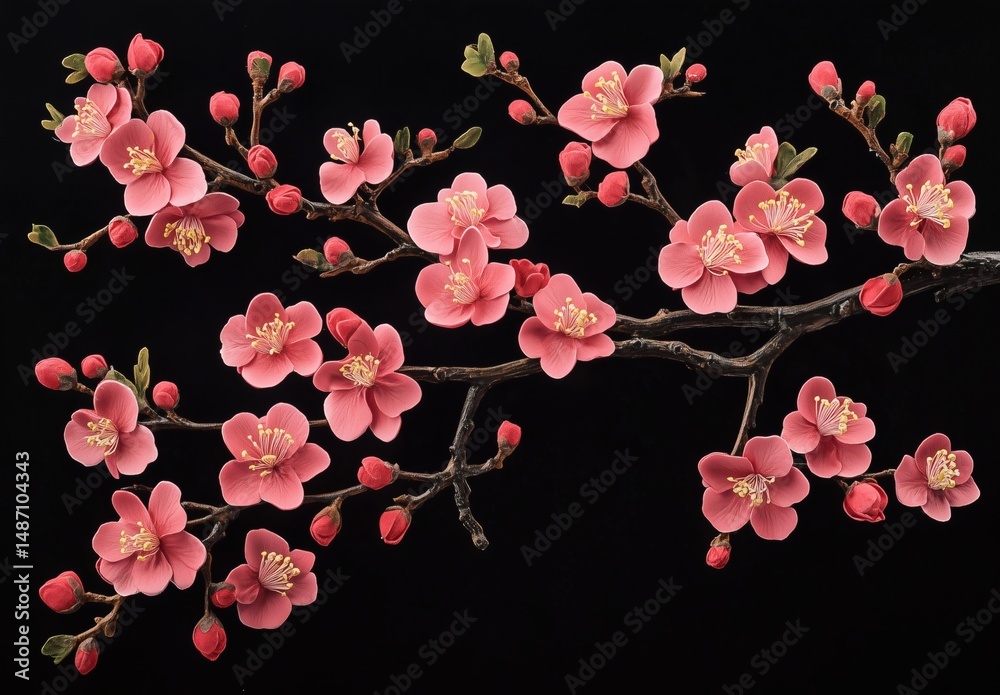 Fototapeta premium Beautiful pink plum blossoms, plum tree branches with many flowers on a black background. 