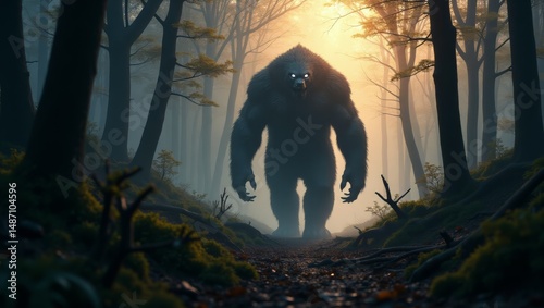 Majestic and Mysterious Bigfoot Encounter in Enchanted Forest at Dawn