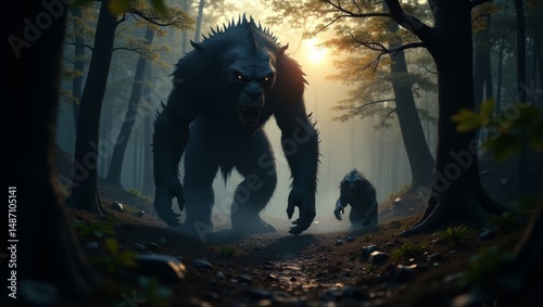 Majestic and Towering Mythical Creatures Roaming Dense Enchanted Forest at Sunset