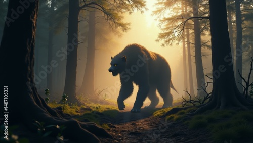 Majestic bear traversing misty forest at dawn with mystical lighting and towering pine trees