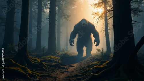 Majestic Bigfoot Creature Roaming Through Enigmatic Forest at Sunset