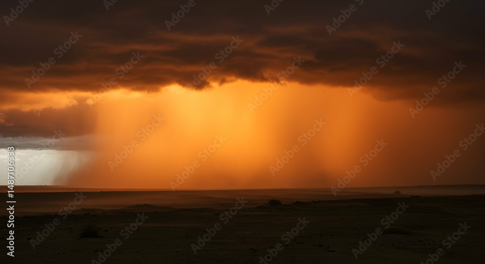 Fototapeta premium sunset, desert, landscape, Dramatic Sunset Over Desert Landscape with Rain Shower
