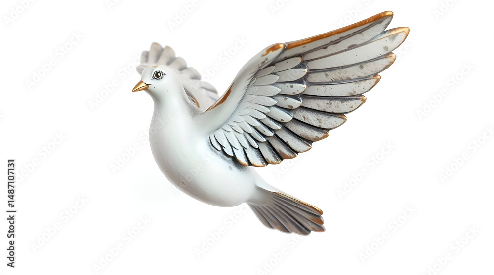 Obraz premium White Dove in Flight with Iridescent Glow and Bronze Reflections – Symbol of Peace, Generative AI Art