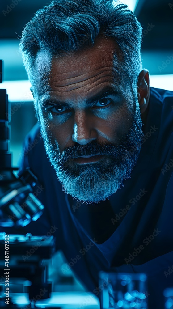 Fototapeta premium Focused mature scientist observing under microscope.