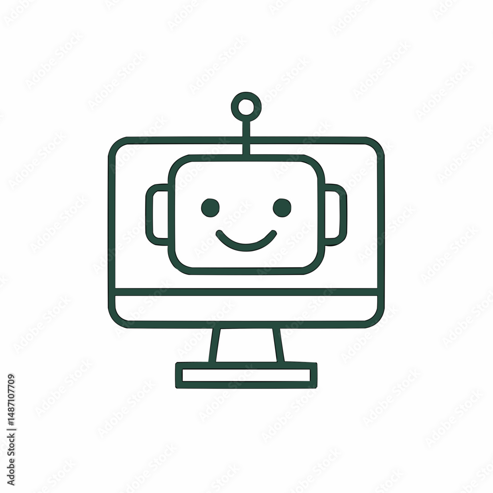 Naklejka premium Simple computer monitor with a smiling bot face on the screen — clean and friendly vector icon.