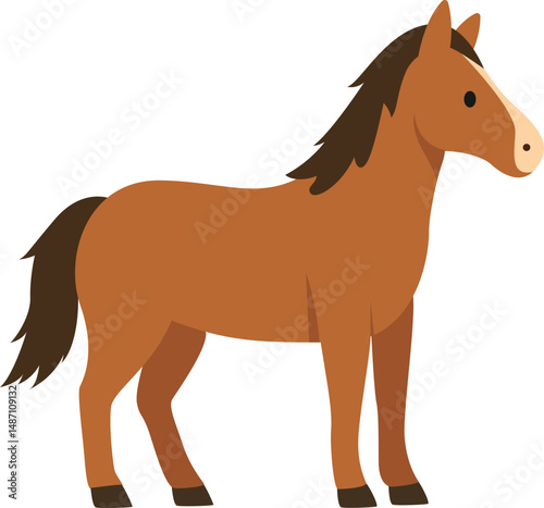 A cartoon-style illustration of a brown horse with a dark mane and tail, black hooves, standing on all four legs.