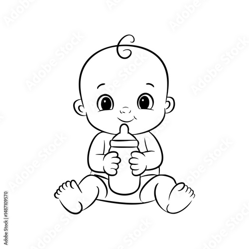 Baby with bottle outline drawing vector illustration for coloring book pages and educational activities for kids silhouette