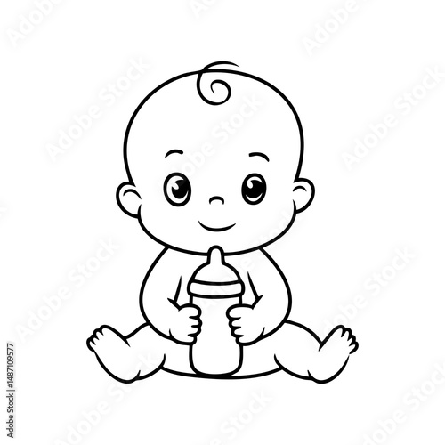 Cute baby illustration holding bottle for coloring pages and educational resources vector clip art image silhouette