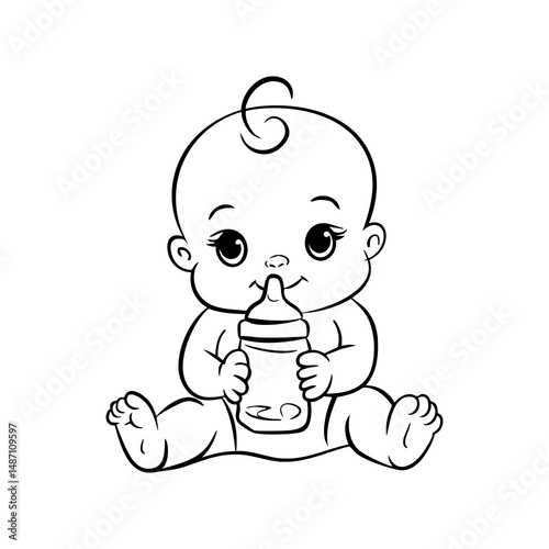 Baby illustration cute infant with bottle drawing newborn clip art baby shower design element vector art silhouette