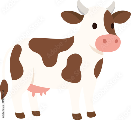 A cartoon-style illustration of a white and brown cow with pink udders, standing slightly to the right in a farm-inspired style.