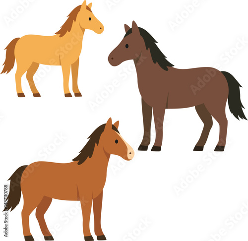 A cartoon-style illustration of three horses in different shades of brown, each with a black mane and tail, standing playfully.