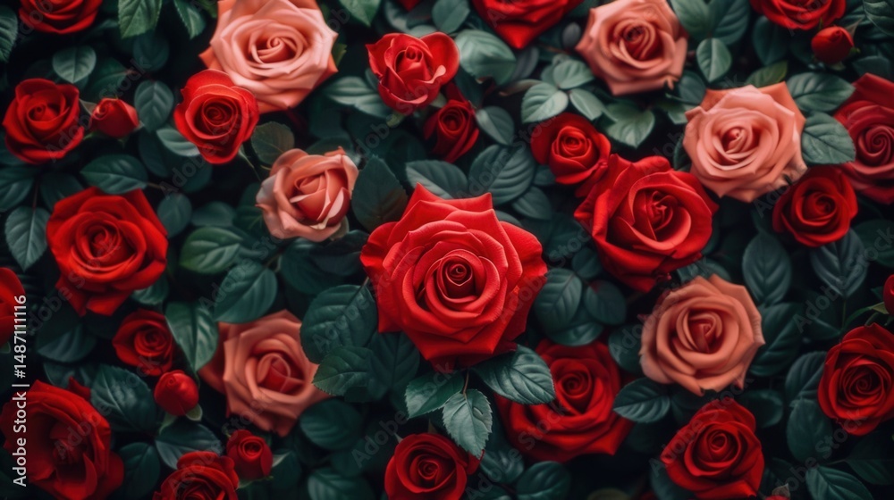 Obraz premium A stunning visual of red and peach roses blossoming amidst lush green foliage.
