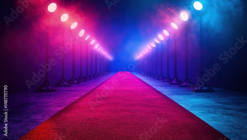 Neon red carpet, spotlights, smoke,  dark background