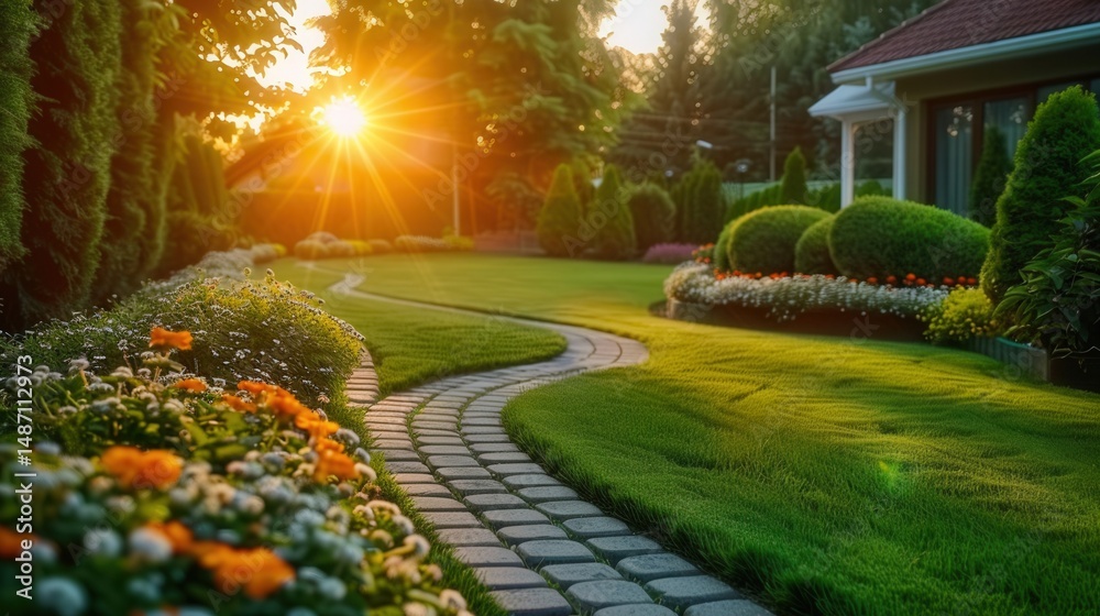 Obraz premium A winding stone path leads through a lush garden bathed in warm sunset light.