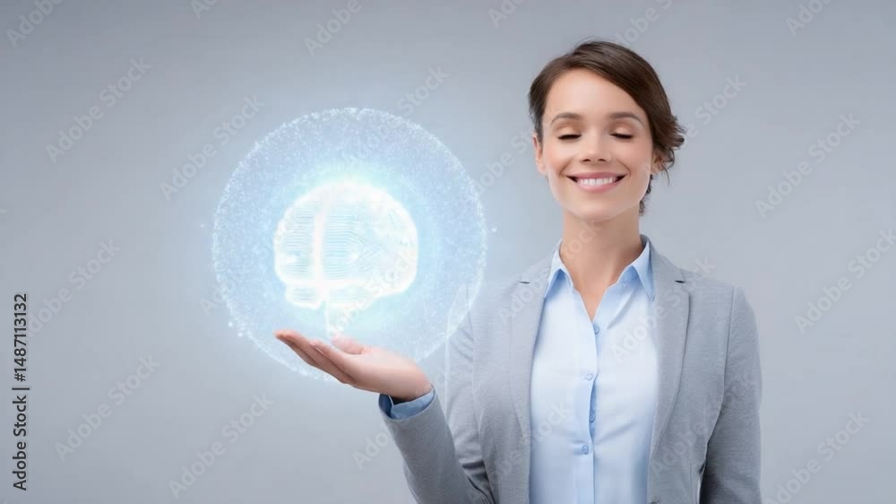 Brainwave Connection: A woman holds a glowing brain illustration, embodying intellect and innovative thinking. The image merges technology and human potential. Brainwave Connection: A woman holds a glowing brain illustration, embodying intellect and innovative thinking. The image merges technology and human potential.
