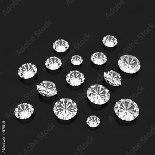 Set of diamonds in different cuts. Cutting scheme. Crystals on a black background. Jewelry technologies. 3d rendering.