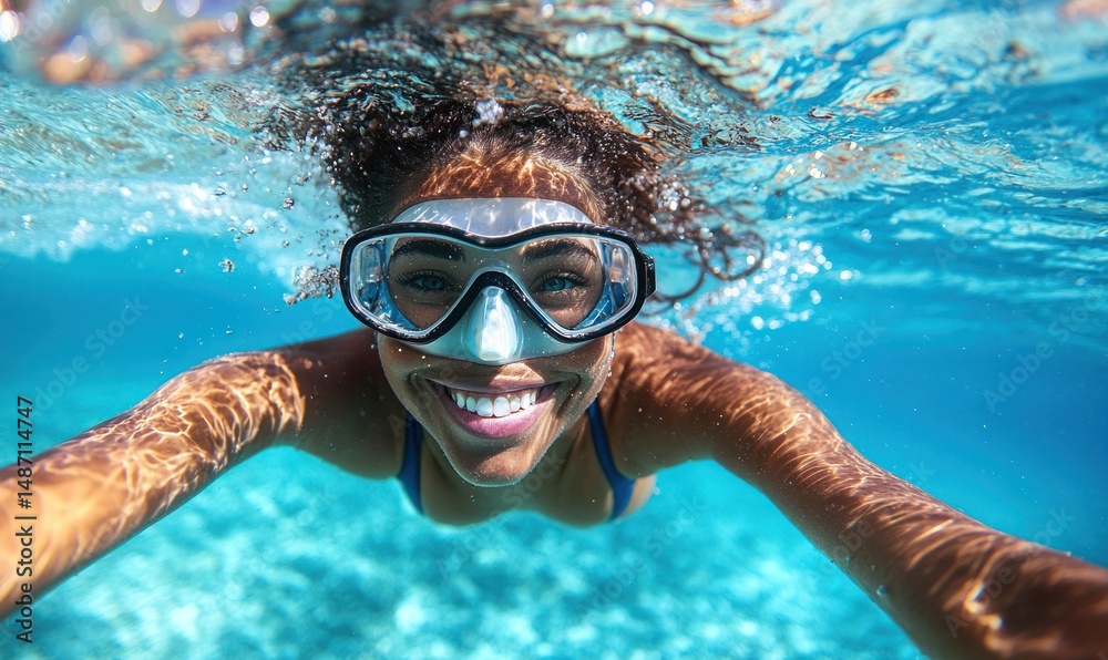 Naklejka premium Underwater selfie of a smiling woman snorkeling in clear blue water
