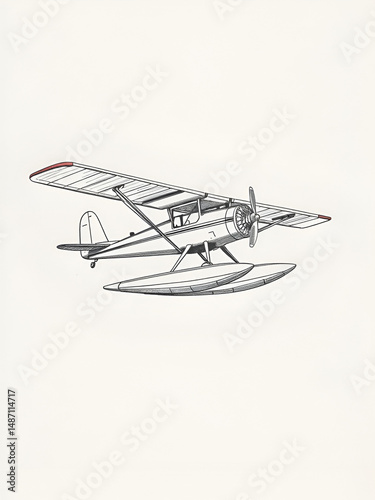 Vintage seaplane illustration. Detailed hand-drawn sketch of a biplane seaplane, with large wings, a propeller, and floatation system.