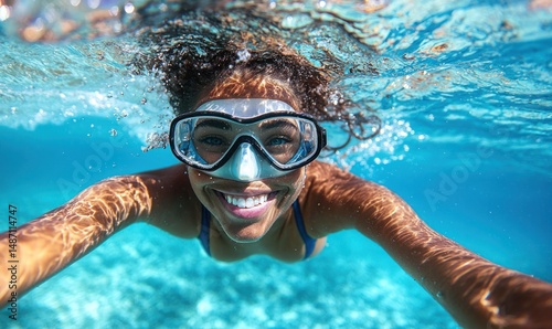 Wallpaper Mural Underwater selfie of a smiling woman snorkeling in clear blue water Torontodigital.ca