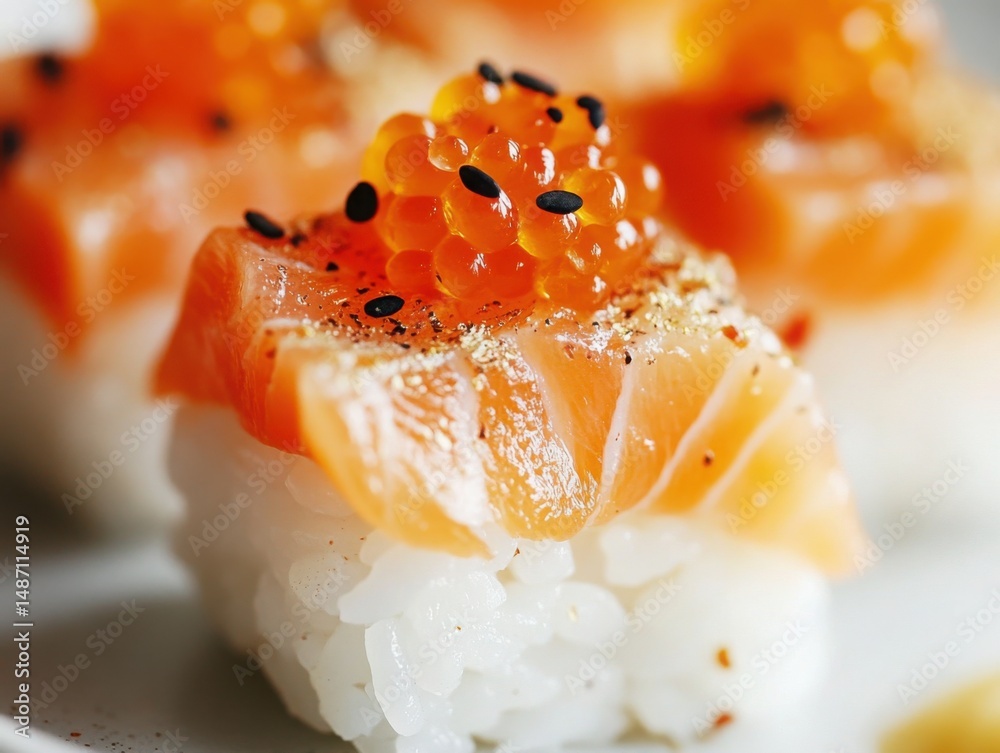 Delicious sushi with fresh salmon and salmon roe served on a white plate in a restaurant setting Delicious sushi with fresh salmon and salmon roe served on a white plate in a restaurant setting