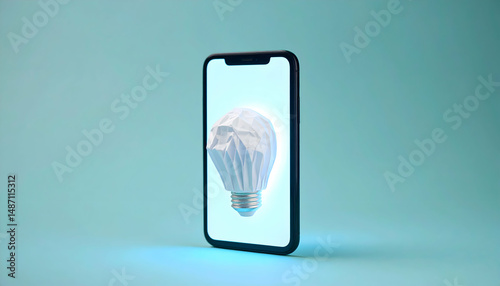 Glowing Low Poly Lightbulb on Modern Smartphone Screen, Neon Blue Background
