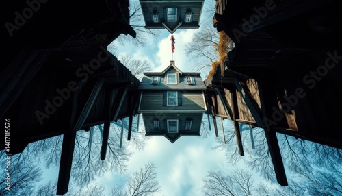 Surreal mirrored house landscape with flag against a blue sky